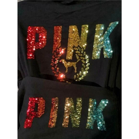 Rare Victoria's Secret PINK Rainbow Sequin Zip Hoodie and Matching Joggers sz L - Picture 2 of 6
